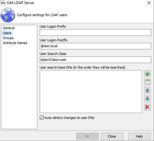 This image shows the Edit LDAP Server dialog with the Group Logon option selected.